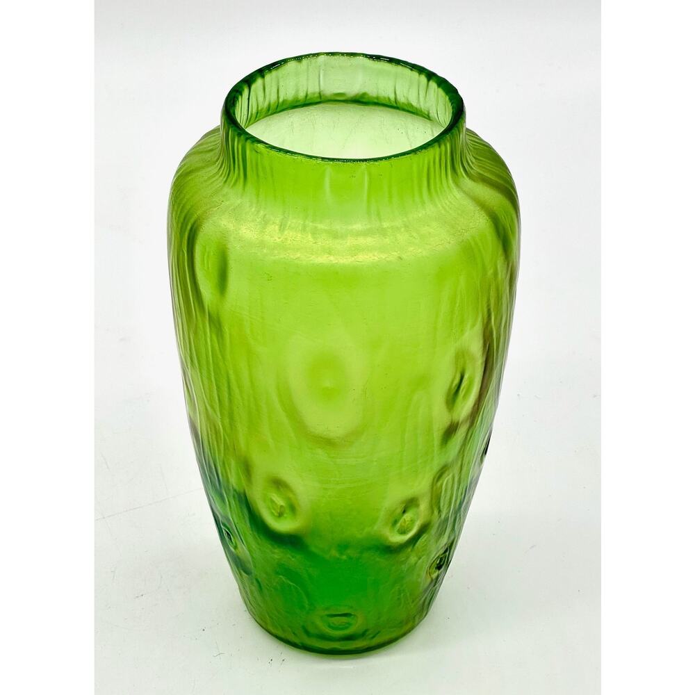 Loetz Green Iridescent Art Nouveau Creta Rusticana Vase Pinched Dimples - 8"H